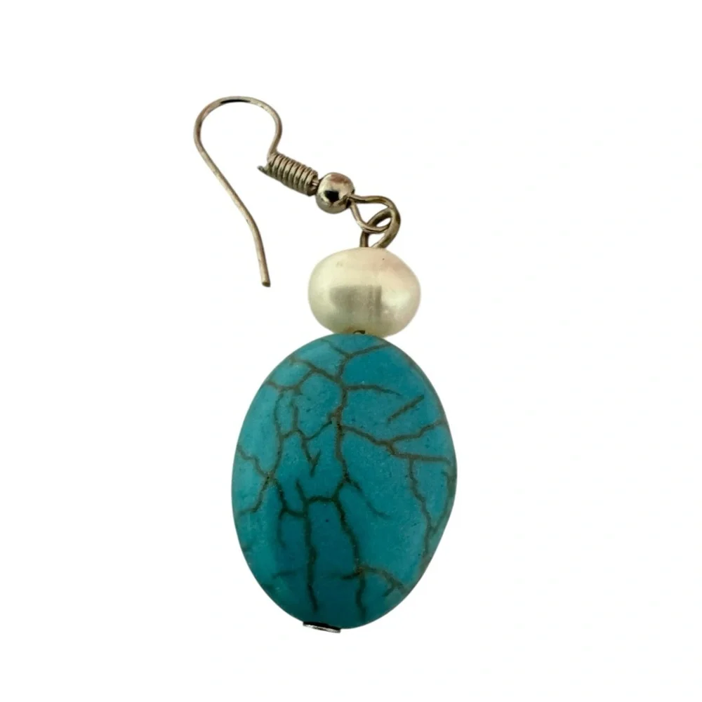 Turquoise Stone & Pearl Statement Necklace Set w/ Matching Earrings